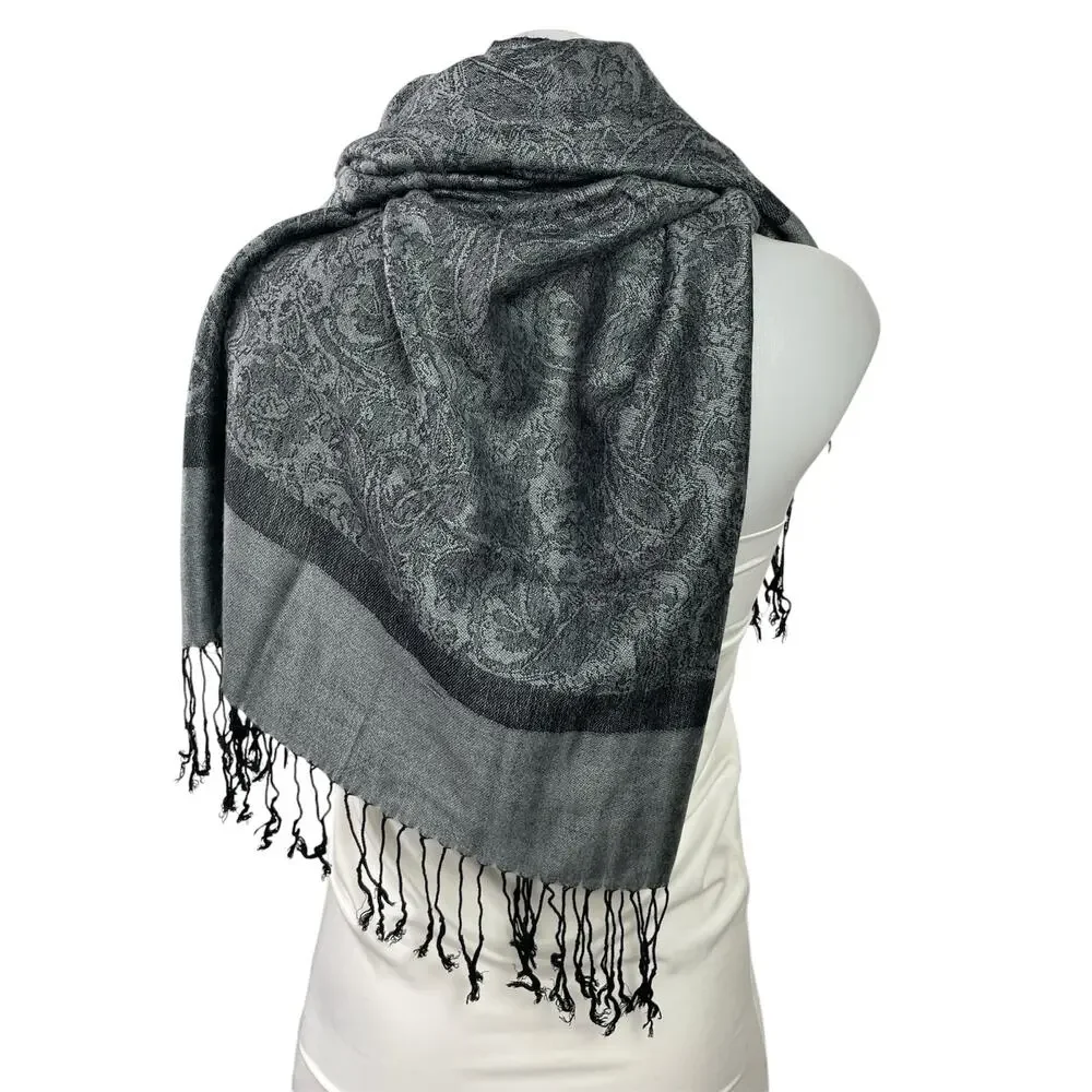 Pashmina Black Gray Paisley Colorblock Silk Fringe Wrap Shawl Neck Scarf OS